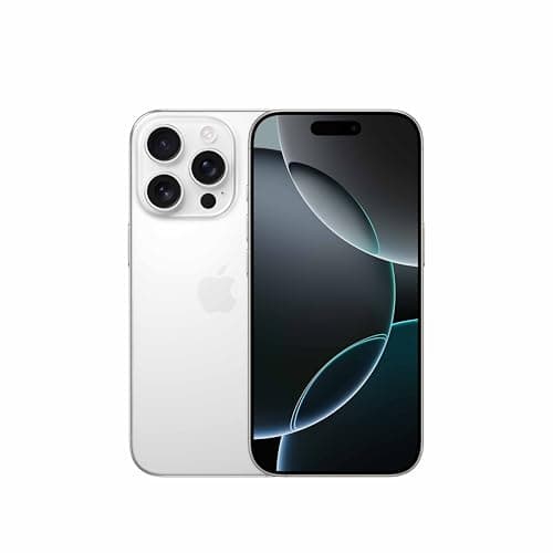 Imagem do iPhone 16 Pro em cor titânio branco, lado traseiro com câmera quadrada e flash LED