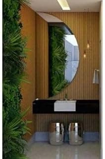 Espelho meia-lua 120x60 cm para banheiro com reflexo de plantas verdes e pia branca