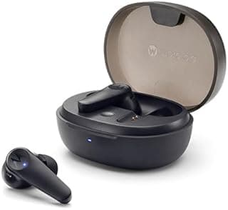 Motorola Moto Buds 600 ANC, fones de ouvido Bluetooth pretos com estojo de carregamento aberto