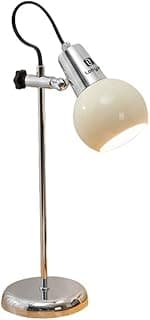 Luminária de mesa LONYAN vintage com base circular e haste ajustável em metal prateado e dourado, difusor de vidro opala e LED de 5W com dimmer.