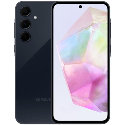 Samsung Galaxy A35 5G, câmera tripla traseira, azul escuro, logo Samsung, cubo multicolorido na tela