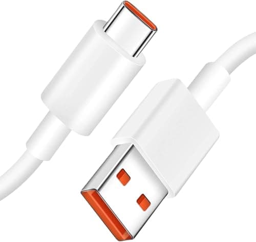Cabo USB-C branco com extremidade metálica prateada e ponta vermelha