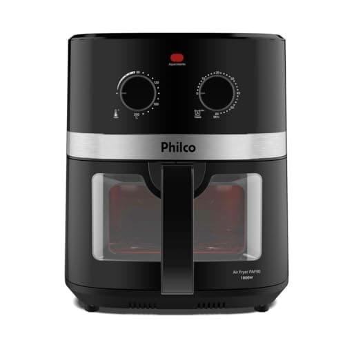 Fritadeira Air Fryer Philco 9L 1800W PAF90 Redstone 127V, preta com detalhes em prata, controles rotativos, fundo branco.