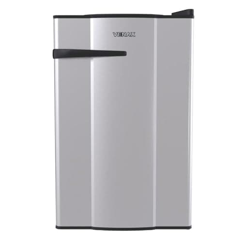 Frigorífico vertical VENAX FRIGOBAR NGV 10 INOX 220 V, cor prata, porta de vidro, alça preta, design moderno.