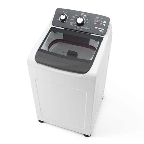 Lavadora de roupa automática branca e cinza, capacidade de 13 kg, 127V, frente, porta de vidro, painel de controle preto