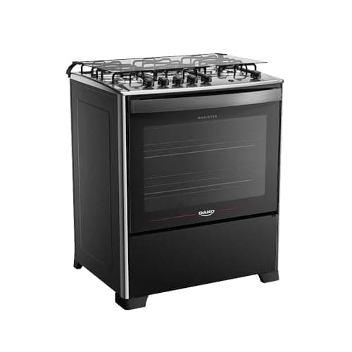 Fogão 5 Bocas Preto com Mesa de Inox Dako Magister Bivolt, com detalhes em aço inoxidável e porta de vidro preto.