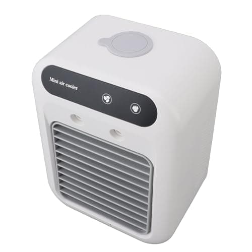 Ar-condicionado portátil branco com grelha de ventilação e controles, texto 'Mini air cooler'.