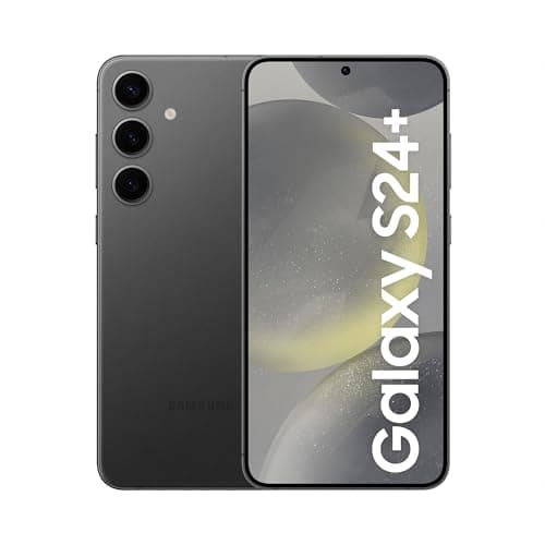 Smartphone Samsung Galaxy S24+ em cor preta com câmera traseira de três lentes e reflexos de luz na tela.