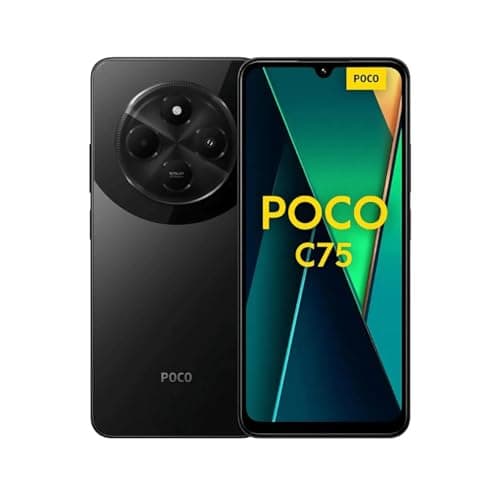 Smartphone Xiaomi Poco C75 NFC Black com design elegante, câmera traseira circular e logotipo POCO