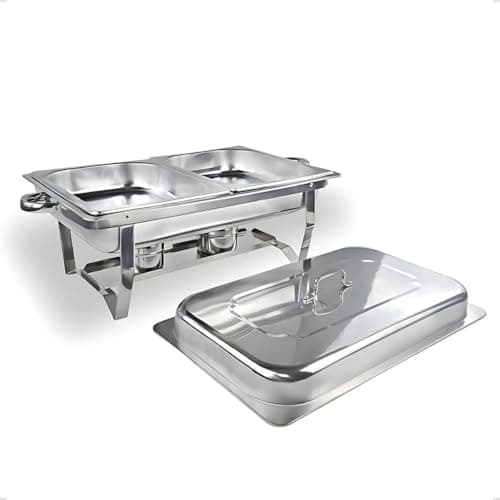 Rechaud retangular em aço inox, 12 litros, 2 cubas, banho maria, fundo branco
