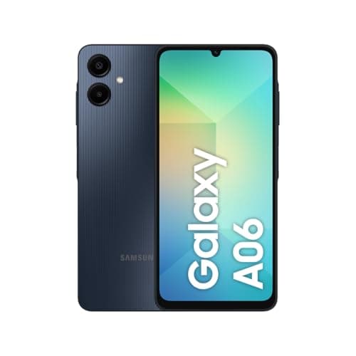Smartphone Samsung Galaxy A06 azul escuro com tela gradiente e texto Galaxy A06