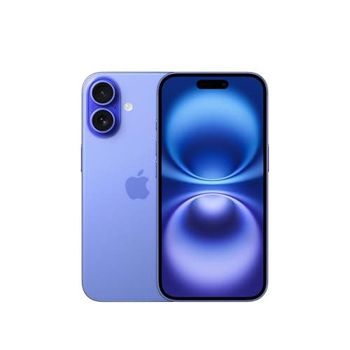 iPhone 16 de 512 GB em Ultramarino, tela azul brilhante, câmera dupla na traseira, fundo branco.