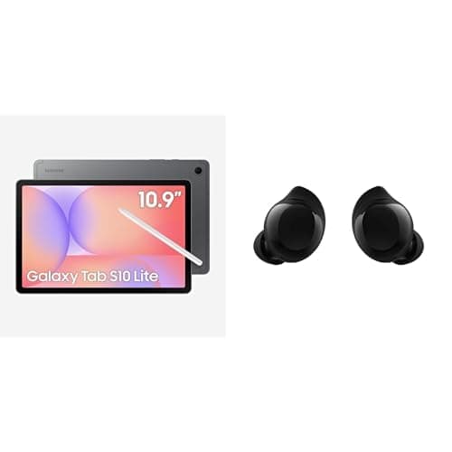 Galaxy Tab S10 Lite e Samsung Galaxy Buds Core na posição vertical com fundo branco