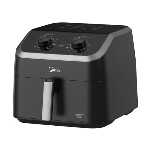 Fritadeira Midea Air Fryer 8,5L preto e cinza metálico, dois botões, punho de metal, fundo branco