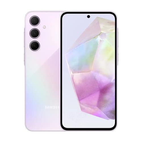 Samsung Galaxy A35 5G, câmera traseira tripla, cor rosa iridescente, fundo branco
