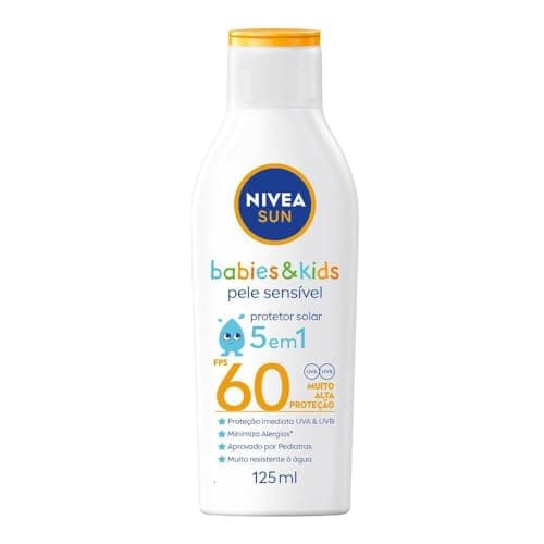NIVEA SUN Protetor Solar Kids & Babies Pele Sensível FPS 60 125ml - Infantil, muito alta proteção UVA/UVB, minimiza o surgimento de alergias, muito resistente à água com proteção imediata
