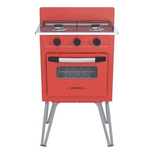 Fogão Gemini 2 Bocas Vermelho com aparência de brinquedo, fundo branco, dois queimadores e porta de vidro