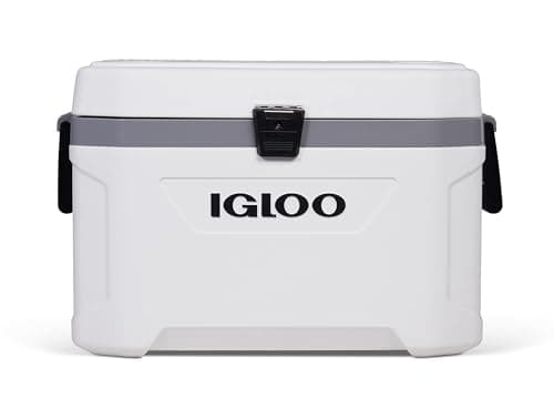 Caixa térmica Igloo Marine Ultra de 51 litros, branca e cinza, com texto 'Igloo' preto, alças pretas e fundo branco.