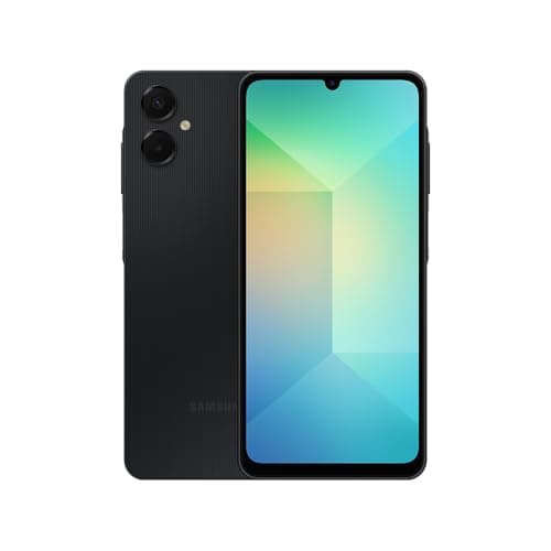 Celular Samsung Galaxy A06 5G preto com tela ativa e câmera visível.