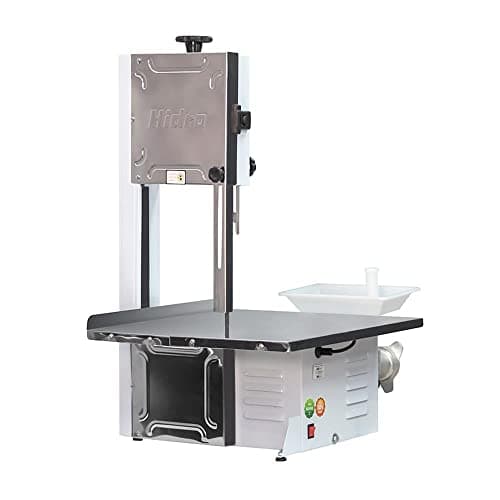 Serra de fita industrial com moedor e extrusor hidráulico Hidina, estrutura em aço inoxidável e plástico preto, com controles coloridos.
