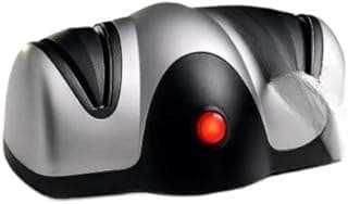 Amolador de facas elétrico cinza e preto com botão vermelho