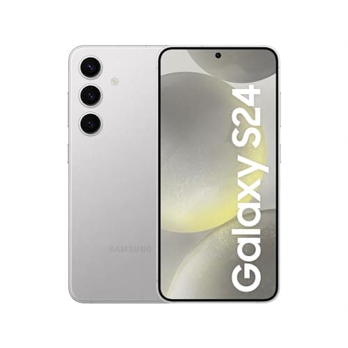 Imagem traseira do smartphone Samsung Galaxy S24 em cinza com câmera tripla e texto 'GALAXY S24' na tela