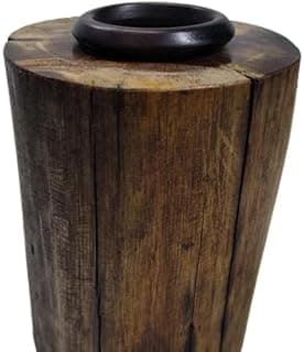 Luminária de mesa artesanal em madeira estilo retrô com base cilíndrica e suporte preto