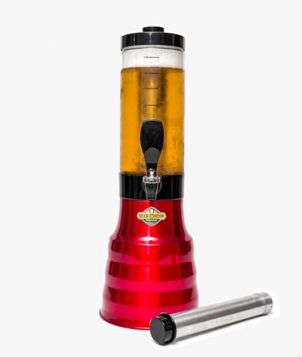 Torre de chopp vermelha com base giratória e copo removível, contendo cerveja dourada
