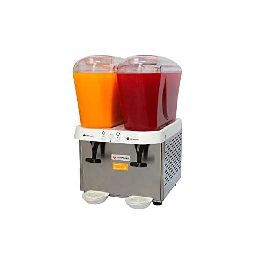 Refresqueira elétrica Venâncio, 32 litros, dois recipientes transparentes, bebidas laranja e vermelha, aço inoxidável, botão de controle