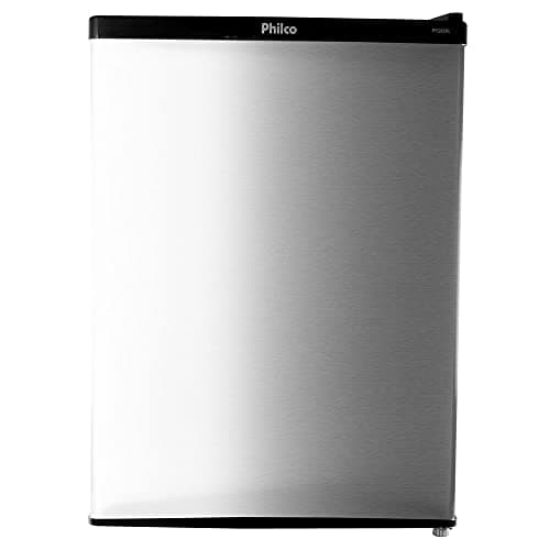 Geladeira compacta Philco PFG85PL 220V, acabamento em aço inoxidável, perfil lateral, bordas pretas, fundo branco.