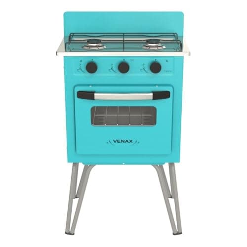 Fogão a gás vintage azul turquesa com forno e queimadores de gás, marca VENAX