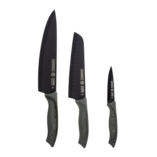 Conjunto de facas pretas Mundial VX9900-3 com cabos cinza em fundo branco