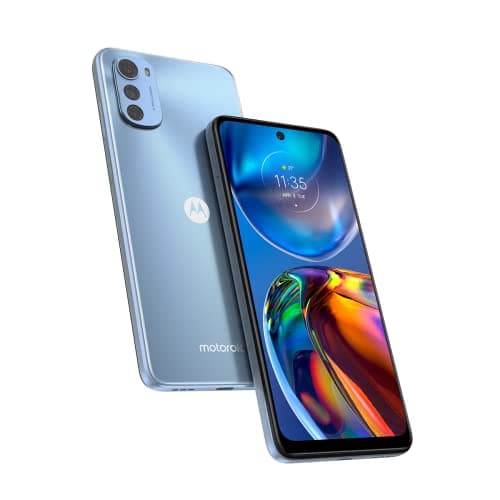 Smartphone Motorola Moto E32 64GB 4GB RAM Azul em exibição frontal e traseira