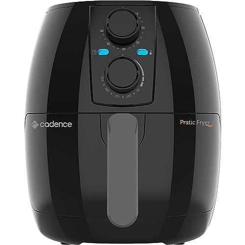 Fritadeira sem óleo Cadence Pratic Fryer, 3L, preta, 220V, FRT515, controles rotativos e botões na frente, logo Cadence visível.