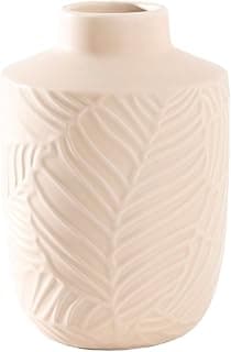 Vaso de cerâmica bege com padrão de folhas em relevo, em fundo branco