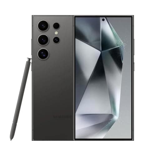 Smartphone Samsung Galaxy S24 Ultra em Titânio Preto com câmera traseira e tela AMOLED refletida