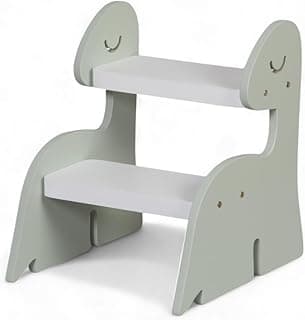 Escada infantil de madeira em forma de dinossauro, dois degraus brancos, fundo branco, detalhes de olhos sorridentes