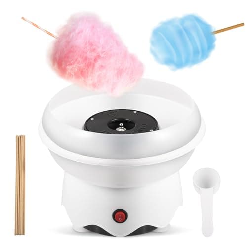 Mini máquina de algodão doce FUNTELL com algodão doce rosa e azul, palitos e colher de açúcar.