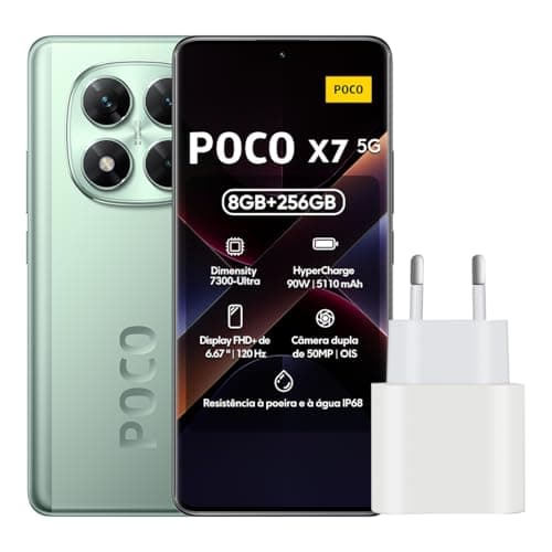 Smartphone Xiaomi Poco X7 5G verde com carregador, câmera quádrupla e display