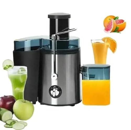 Extrator de sucos de alta potência 1500W com jarra de 1L, fundo branco, sucos de frutas e frutas inteiras
