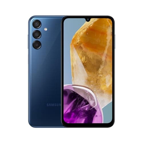 Smartphone Samsung Galaxy M15 5G azul escuro, câmera tripla, logo Samsung, fundo branco