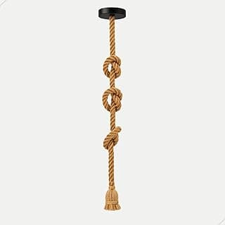 Pendente decorativo de corda marrom com três nós e gancho preto, fundo branco