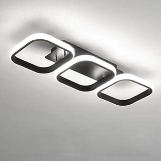 Luminária de teto LED com três quadrados iluminados, branco e preto, para banheiro, quarto e escritório.
