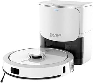 Robô aspirador KaBuM Smart 900 branco com recipiente transparente, controle via app.
