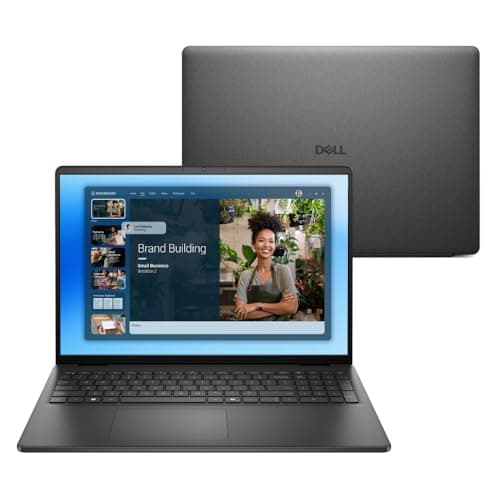 Notebook Dell 16 polegadas FHD+ aberto com interface de usuário e mulher na tela, fundo branco, logo Dell visível.