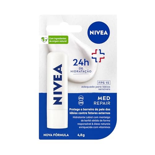 NIVEA Protetor Labial Med Repair FPS15 4,8g - Hidrata e regenera os lábios ressecados e machucados, com Vitamina E e óleos naturais, proporciona reparação intensiva e alívio imediato
