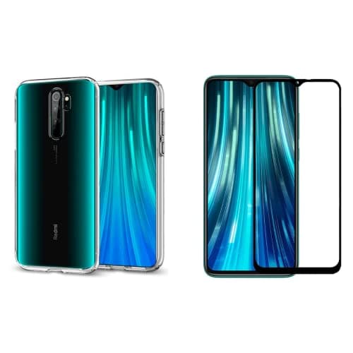 Capa transparente anti-choque para Xiaomi Redmi Note 8 Pro, mostrando smartphone com acabamento metálico e design elegante.