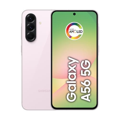 Smartphone Samsung Galaxy A56 5G rosa com tela Super AMOLED e câmera tripla
