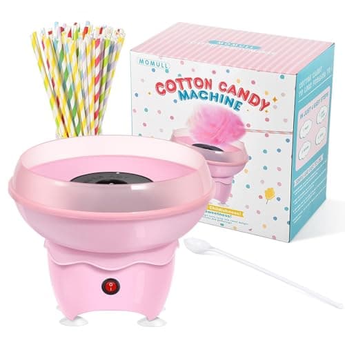 Máquina de algodão doce rosa com caixa de presente e palitos de algodão coloridos