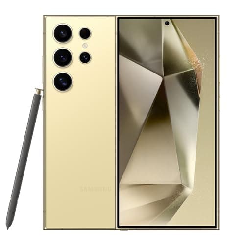 Smartphone Samsung Galaxy S24 Ultra em Titânio Creme com stylus e câmeras traseiras visíveis
